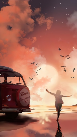 Digital art of a van and a person on a beach
