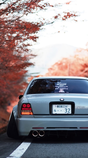 Modified car in autumn with red trees