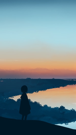 Anime girl silhouette by a river at sunset