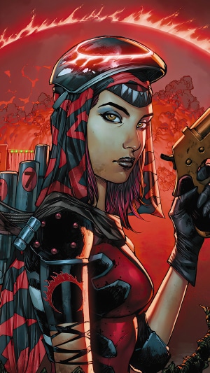 Woman with gun and red planet