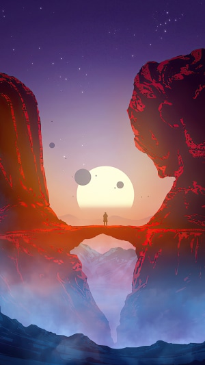 Digital art of a lone figure on a bridge between rocky cliffs