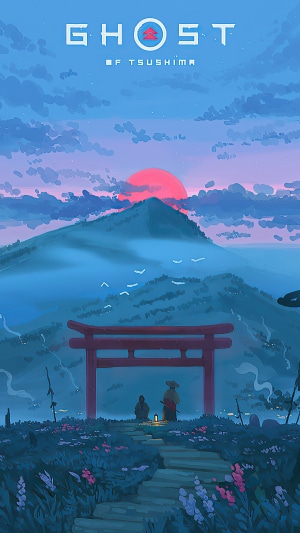 Ghost of Tsushima artwork with sunset and torii gate