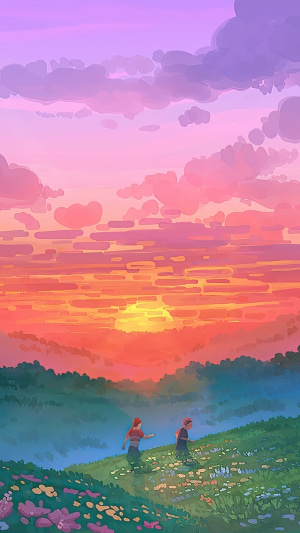 Two people walking through a field at sunset