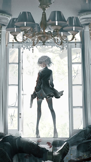 Anime girl with gun in ruined room