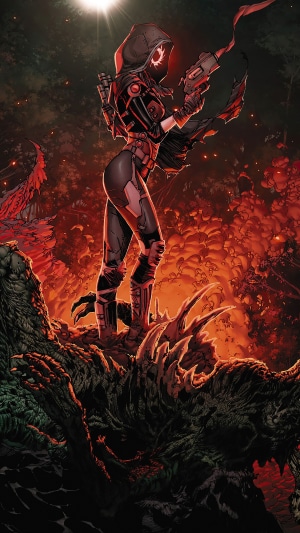Woman with gun in a dark, fiery landscape