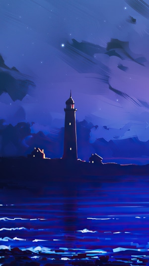 Lighthouse on a rocky shore at night