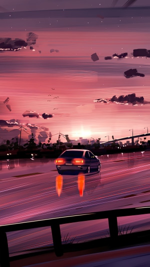 Car driving on a highway at sunset