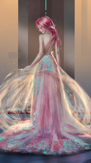 Artwork of a woman in a flowing pink dress