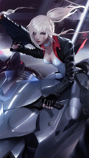 Cyberpunk woman with gun on motorcycle