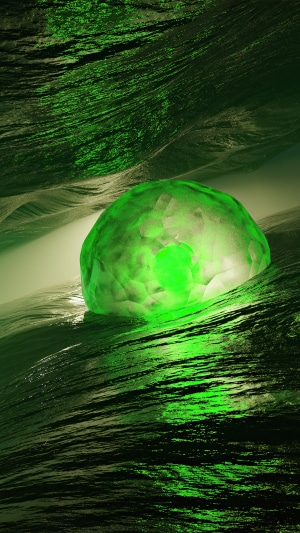Green planet in a rocky landscape
