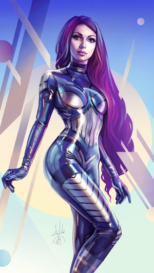 Woman in futuristic suit with purple hair