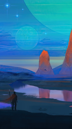 Sci-fi landscape with planets and a lone figure