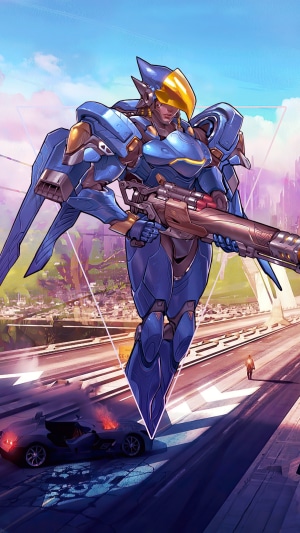 Pharah from Overwatch in a futuristic city