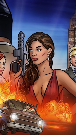 Archer characters in front of city skyline
