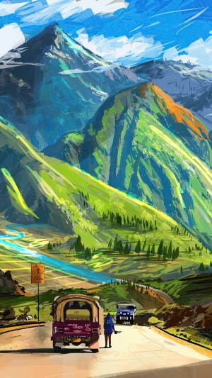 Digital Art of Mountains and Road with Vehicles