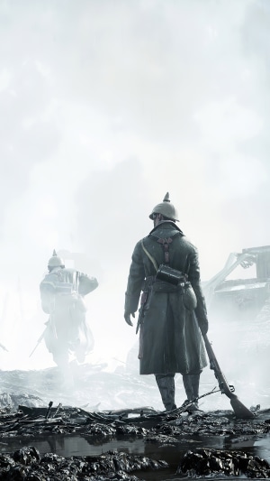Soldiers in a desolate battlefield