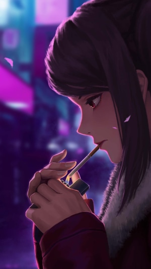 Anime girl smoking in neon city 4K
