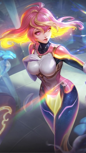 Anime girl with pink and yellow hair in a futuristic outfit