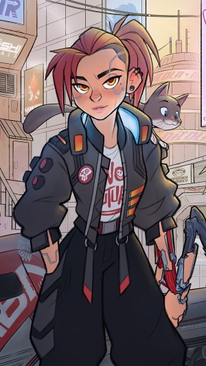 Girl with cybernetic arm and cat in cyberpunk city