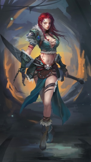 Fantasy warrior woman with red hair and sword