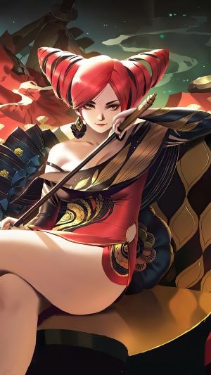 Artwork of a woman with red hair and a red dress