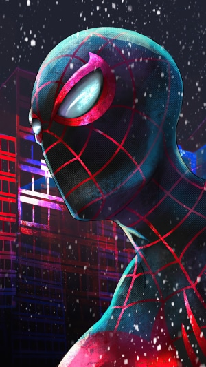Miles Morales Spider-Man in a snowy city