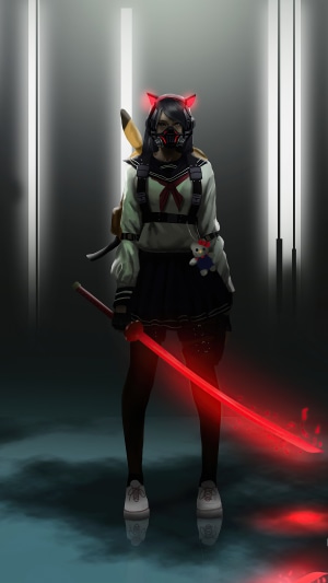 Girl with red glowing sword and cat ears