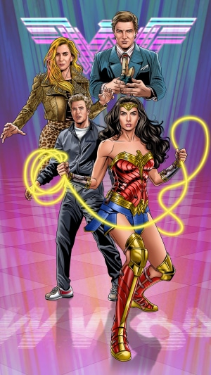 Wonder Woman 1984 characters with Wonder Woman logo