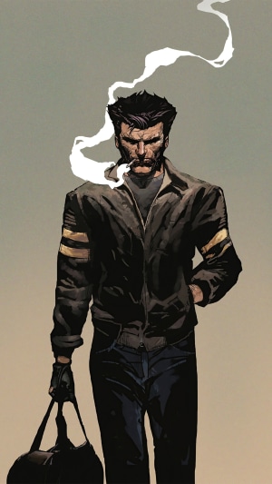 Wolverine smoking a cigarette and carrying a bag