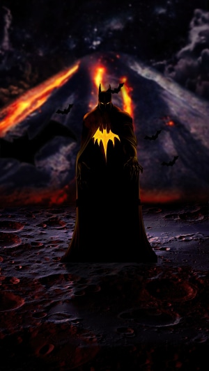Batman in front of a volcano, artwork