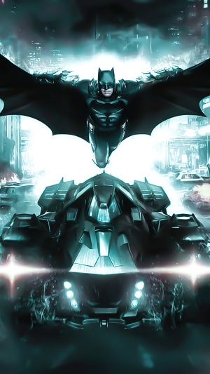 Batman with Batmobile in a city
