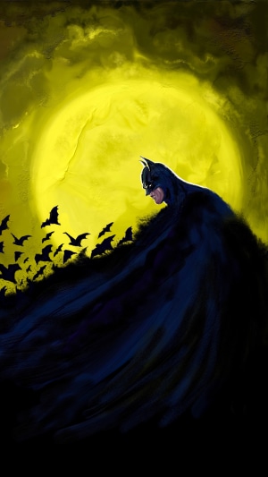 Batman artwork with bats and a large moon