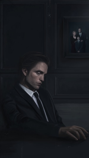 Robert Pattinson as Batman in a dark room with a family portrait