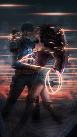 Captain America and Wonder Woman kissing