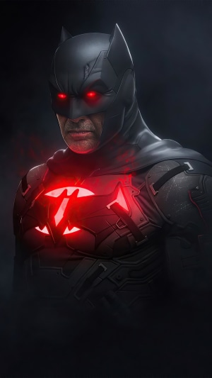 Batman with glowing red eyes and chest emblem