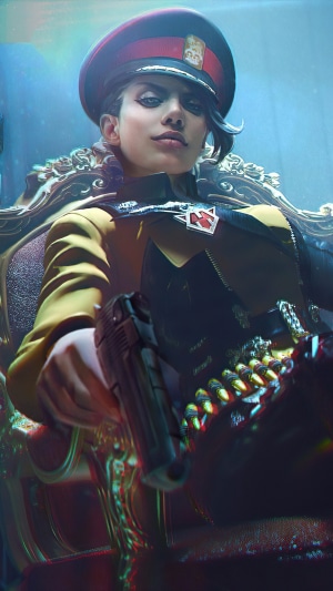 Woman in military uniform holding a gun