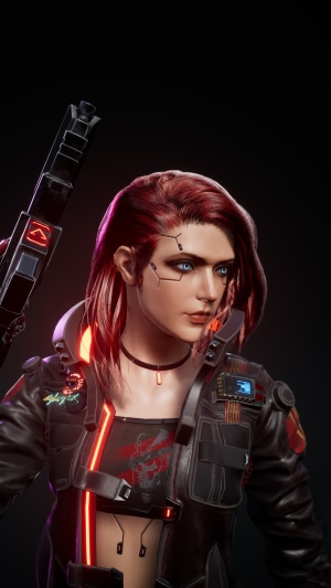 Cyberpunk 2077 character with red hair and cybernetic implants
