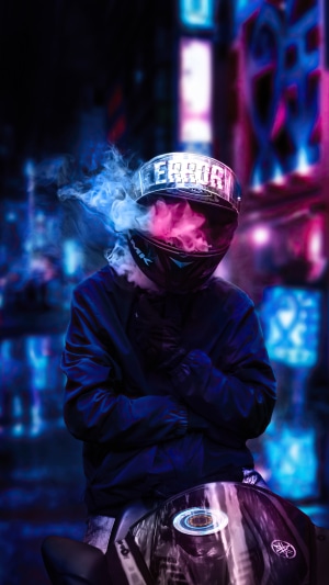 Biker with ERROR helmet in neon city