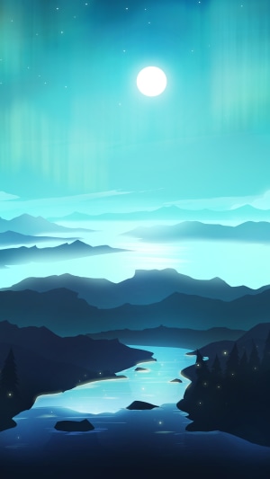 Minimalist landscape with moon and aurora