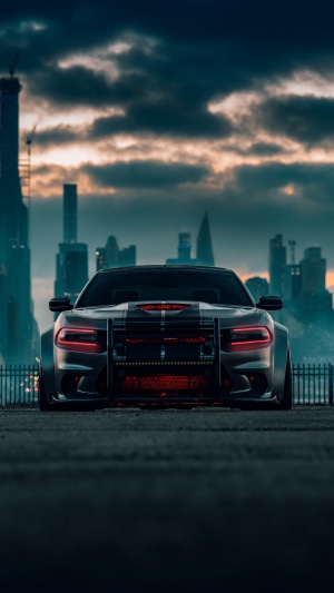 Modified Dodge Charger with bull bar and city skyline