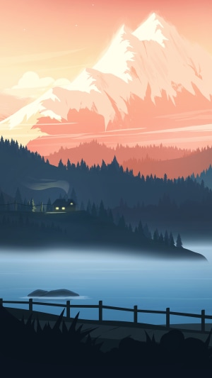 Minimalist mountain landscape with lake and cabin
