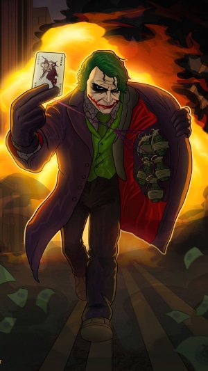 Joker from DC Comics holding a playing card with grenades