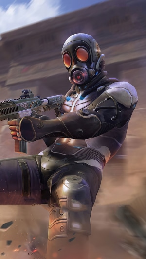 Player from PUBG wearing a gas mask and holding a rifle