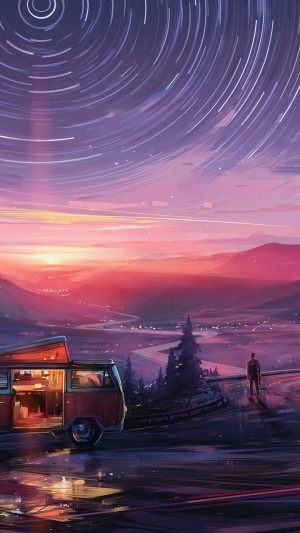 Van life under star trails at sunset