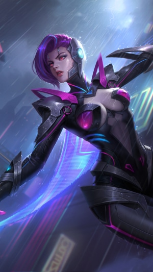 Cyberpunk woman with purple hair in futuristic armor