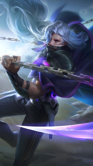 Artwork of a man with long white hair holding chains