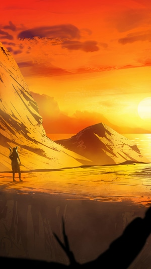 Desert landscape with a lone figure at sunset