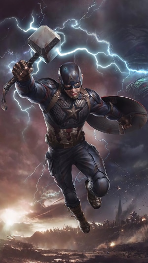 Captain America wielding Thor's Hammer with lightning