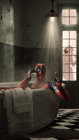 Deadpool in a bloody bathtub