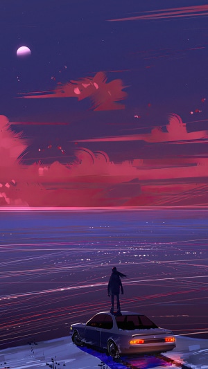 Person standing on a car overlooking a body of water at night